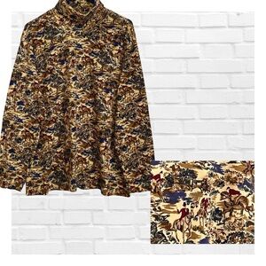 Talbots Sz Lg Western Equestrian Print Hunting Scene Turtleneck Shirt Old Money